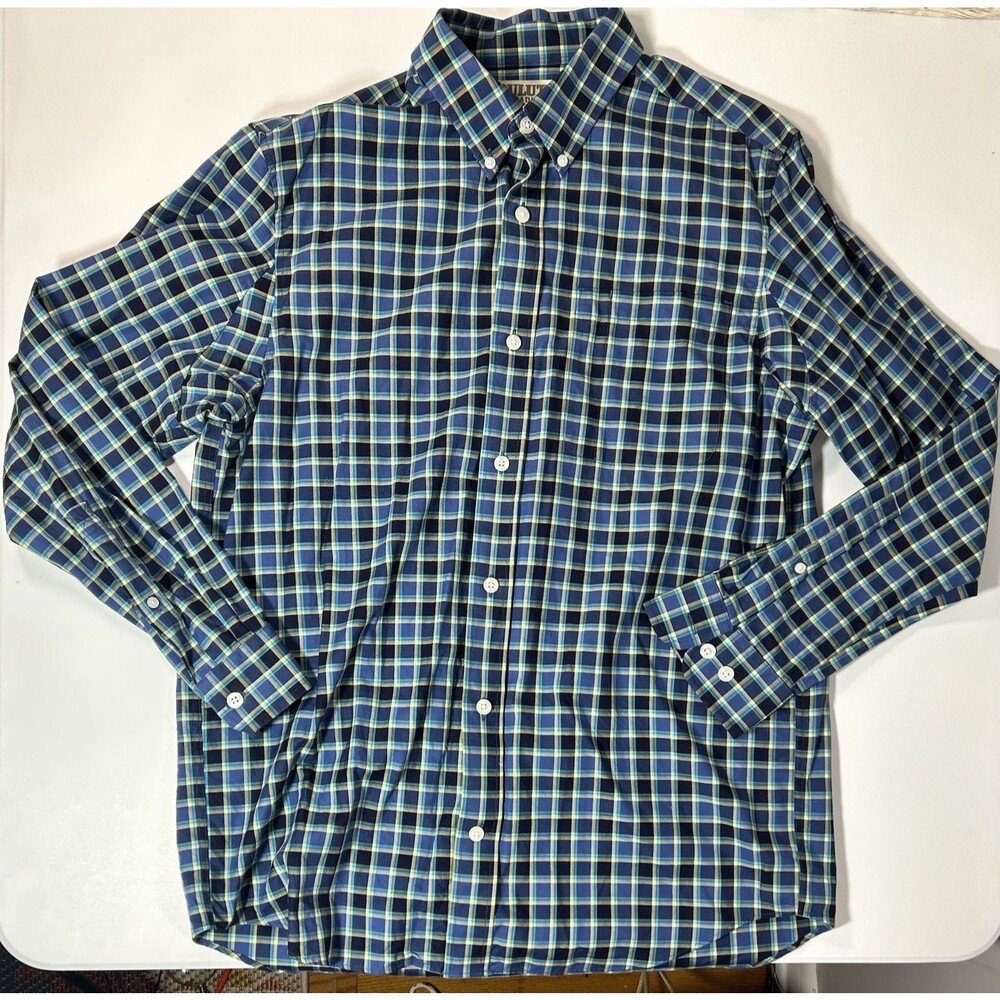 Duluth Trading Co Large Mens Trim Fit Yellow Green Blue Plaid Button Down Shirt